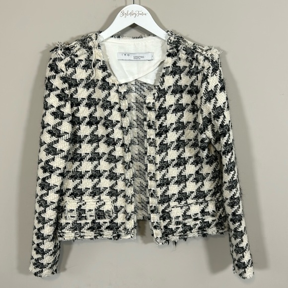 IRO Hope Houndstooth Blazer Wool Blend Lined Long Sleeve Jacket Black White US 8 - Picture 4 of 15